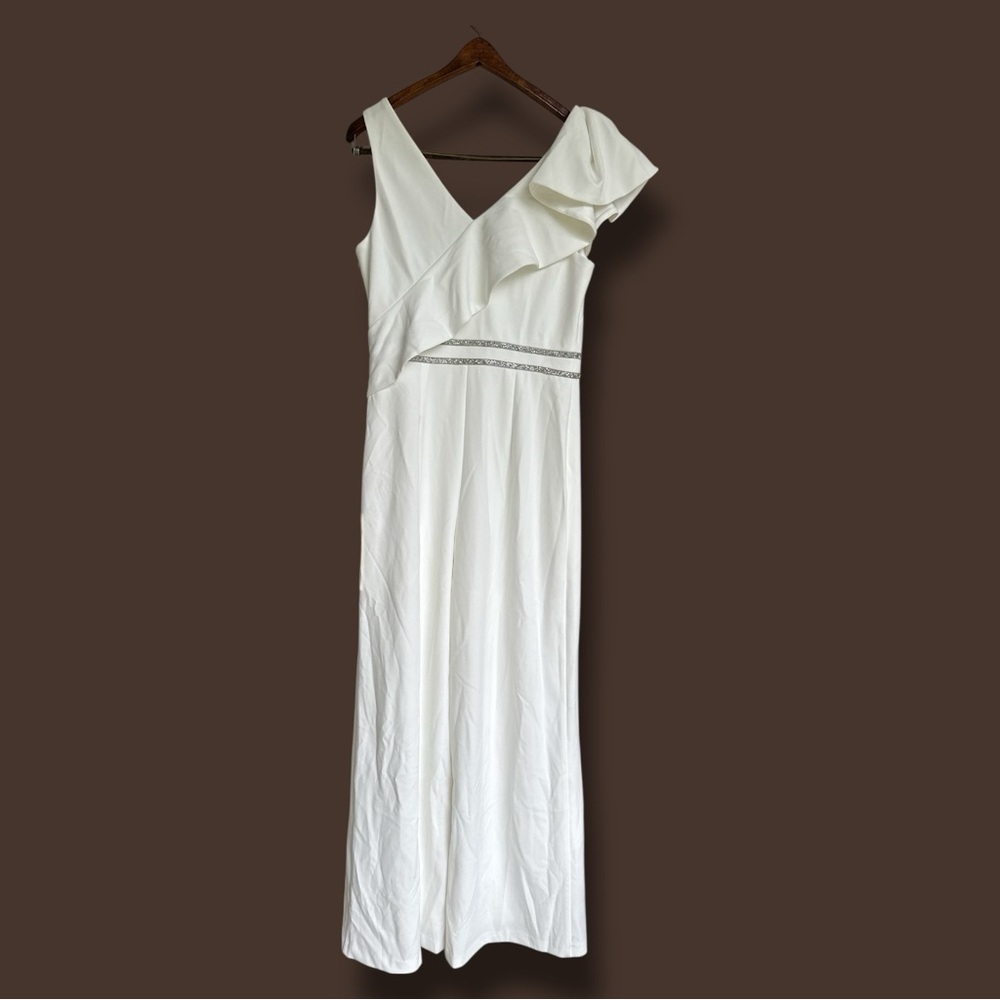 NWT Adrianna Papell Ivory Crepe One-Shoulder Jumpsuit w Crystal Waist (8) - Picture 6 of 12